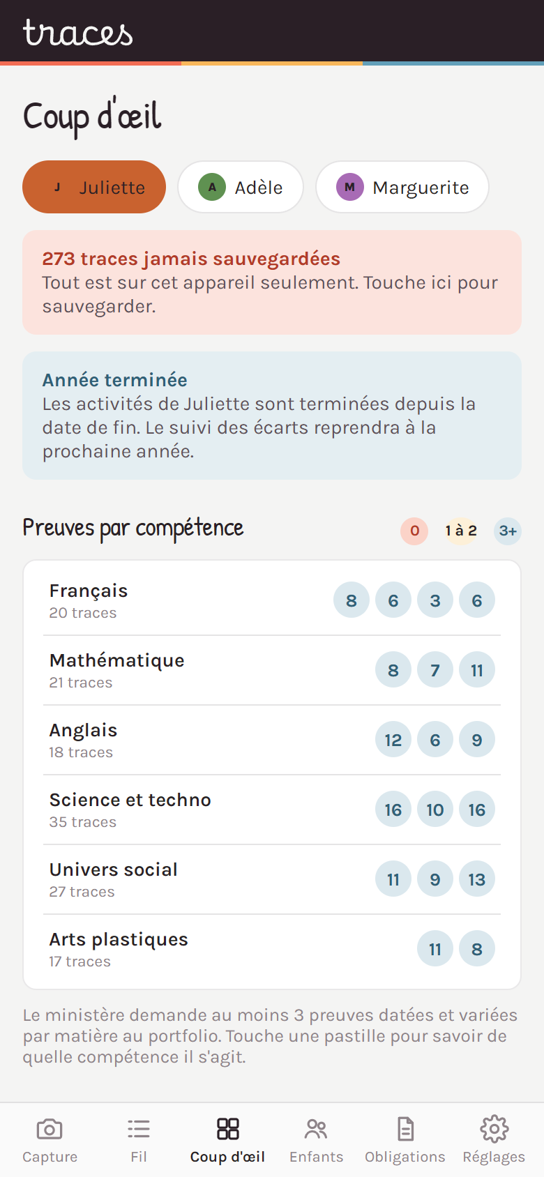 Le tableau des preuves par compétence