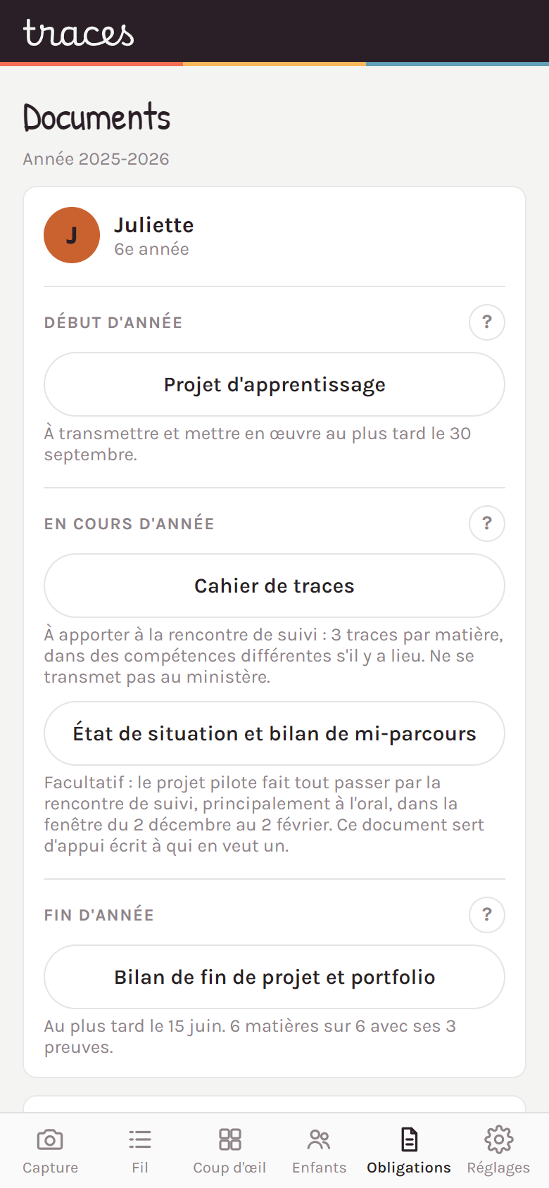 La liste des documents par moment de l'année